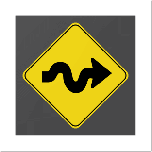 Caution Road Sign Swervy Arrow Right Posters and Art